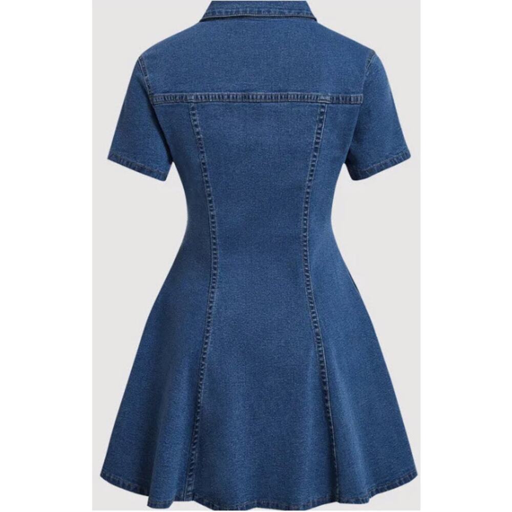 Short Sleeve Wash Stretch Denim Mini Dress SZ L - Picture 3 of 9